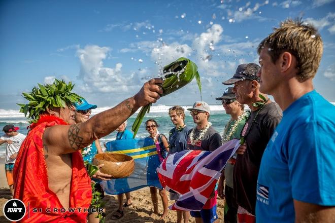 The Kumu blessing the contest and the riders Wednesday morning - 2015 Novenove Maui Aloha Classic © American Windsurfing Tour / Sicrowther